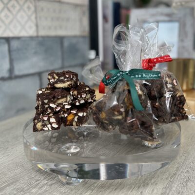 Pieces of rock road placed on a cake board